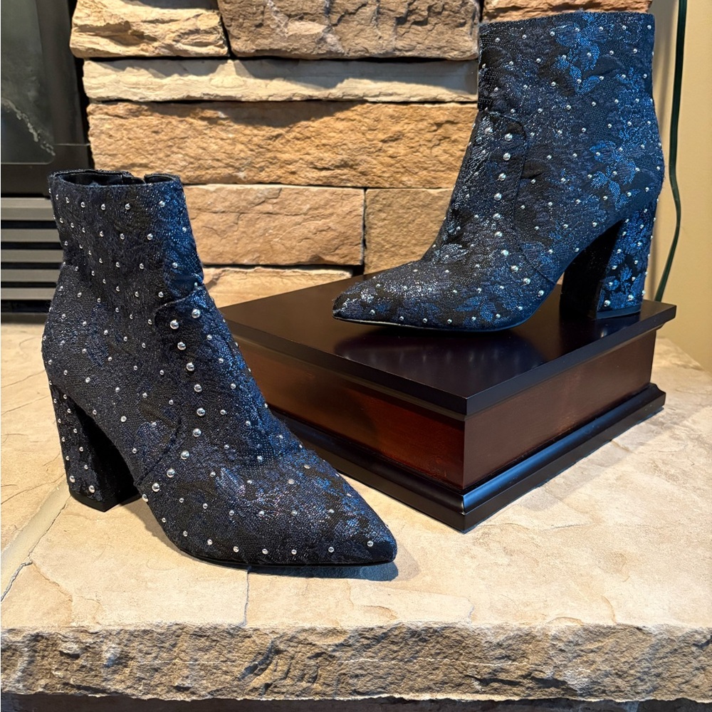 Gianni Bini Navy Brocade Studded Ankle Boots